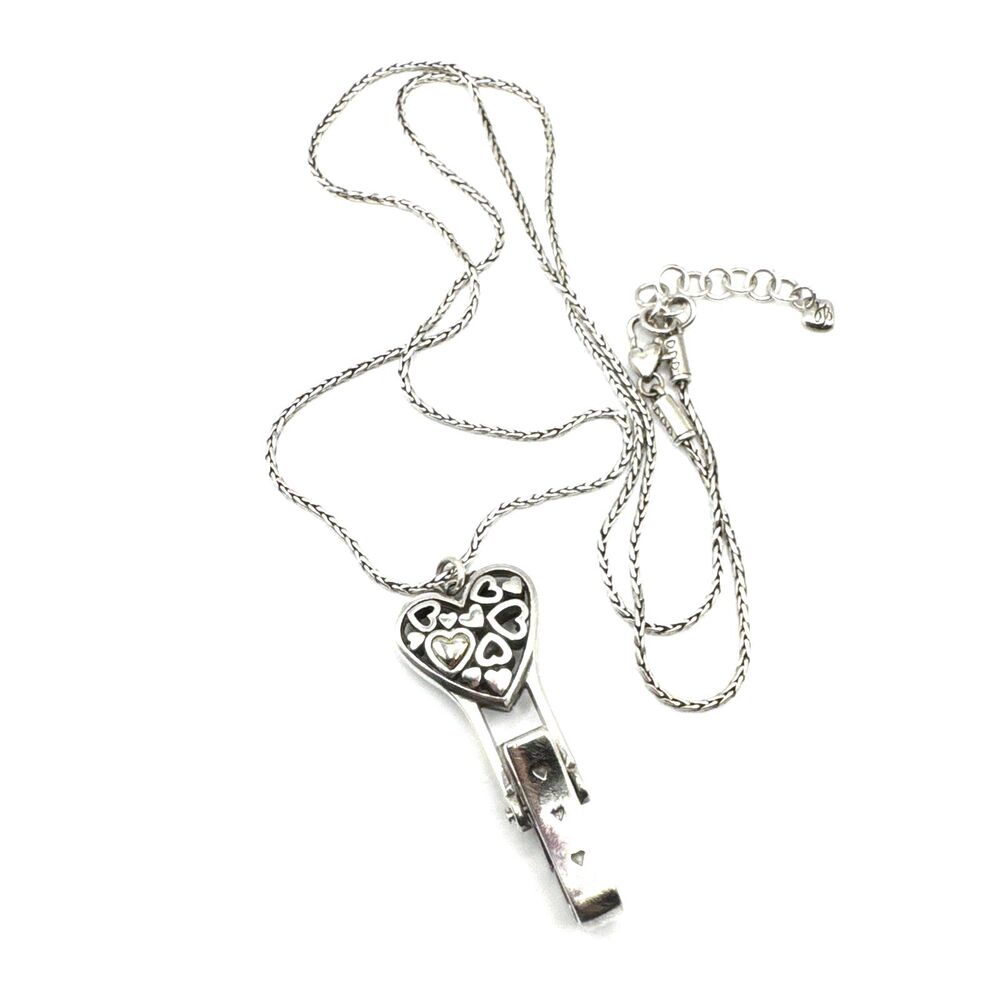 Brighton Floating Heart Badge Clip Holder Gold & Silver Necklace 32”-34”